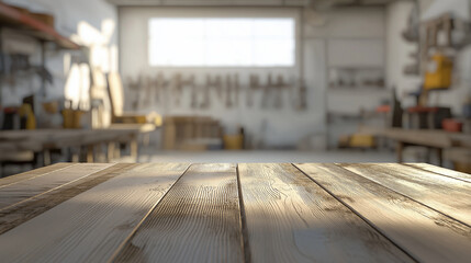 A worn wooden workbench in an artisan workshop with tools in the background. Perfect for craftsmanship, woodworking, and industrial themes.