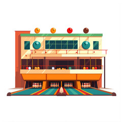 Colorful cartoon illustration of a bowling alley building and accessories
