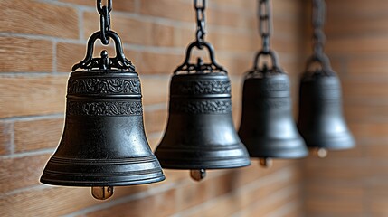 Obraz premium Antique Bells Hanging on Brick Wall