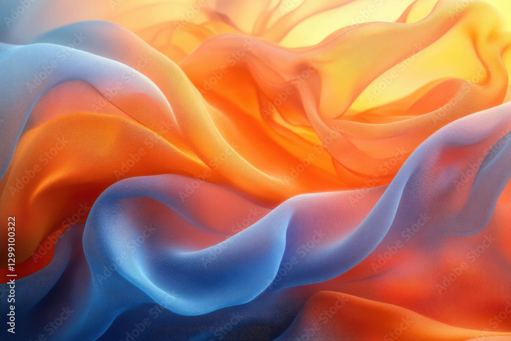 Poster abstract image of flowing, translucent fabric in shades of orange and blue, creating a wave-like pat