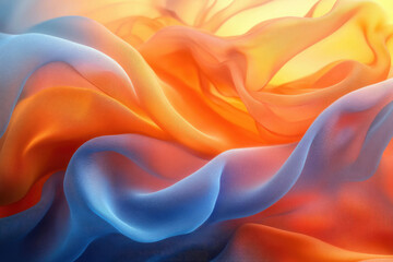 Obraz premium Abstract image of flowing, translucent fabric in shades of orange and blue, creating a wave-like pattern.