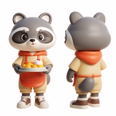 Cute raccoon character holding a plate of fruit, playful charm