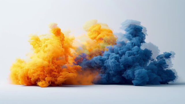Vibrant orange and blue smoke clouds merging in a dynamic display against a clean backdrop