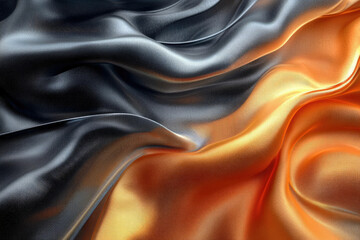 Fototapeta premium Elegant, flowing fabric in shades of dark grey and shimmering orange, luxurious texture.