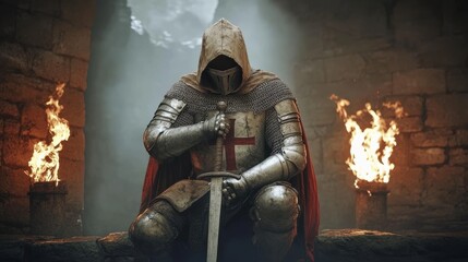 Medieval knight kneeling with sword in ancient castle