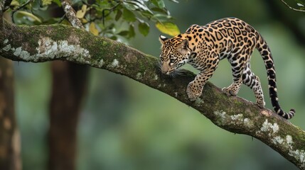 Young jaguar cub climbing tree branch in rainforest