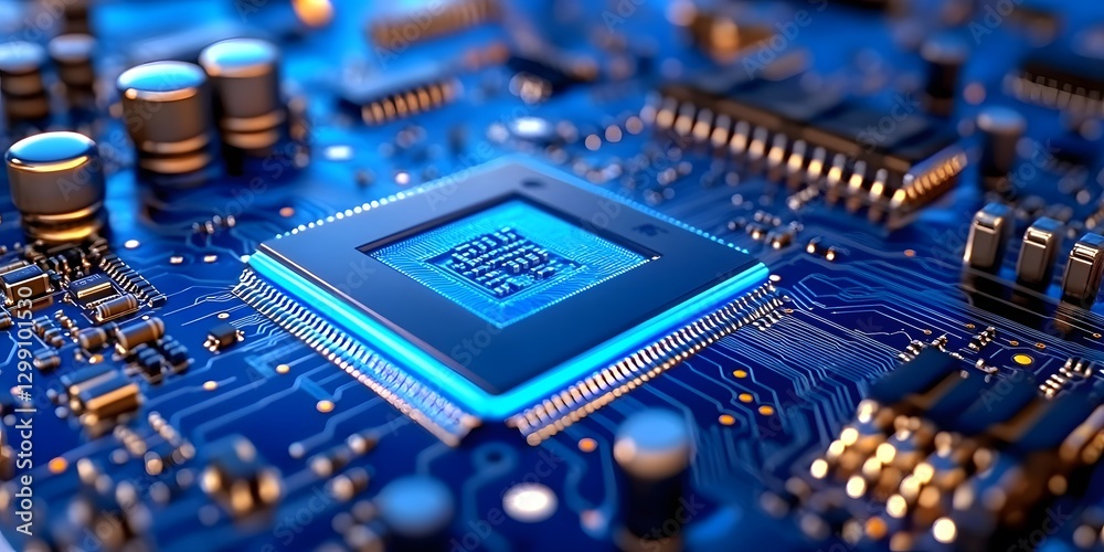 Poster digital circuit boards and microprocessors in advanced computer technology urban lab close-up innova