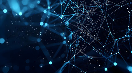 Abstract Network Of Glowing Blue Data Points And Lines On Dark Background Representing Digital Connection