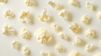 Floating cauliflower florets arranged aesthetically on a bright white background. -