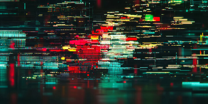 Abstract digital glitch effect with fragmented pixels and distorted lines, vibrant colors on a dark background