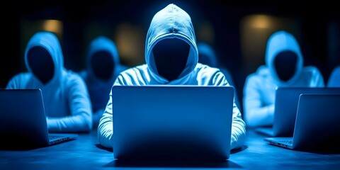 Cybercrime tactics unveiled hackers using laptops in a dark room setting for digital intrusion