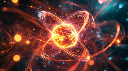 Abstract glowing fusion core surrounded by dynamic neon light streaks, futuristic energy vibe