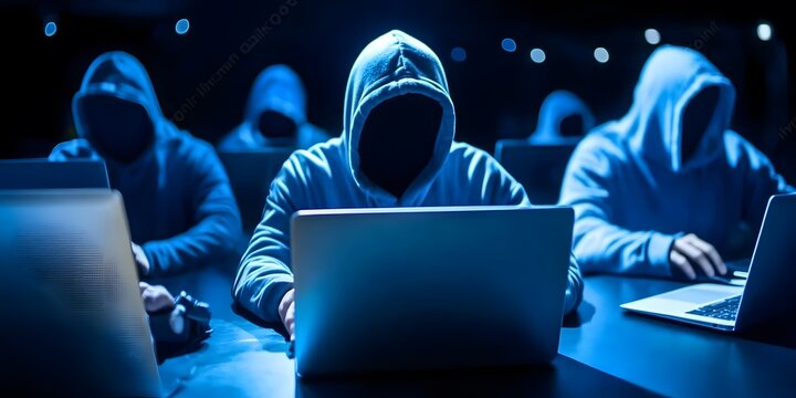 Clandestine group of hackers engaged in cyber activities dark room digital art tech environment close-up cybersecurity threat