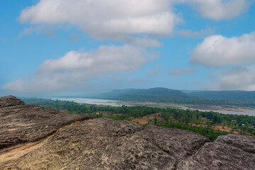 Pha Taem landscape, Thailand,Pha Taem National Park, Thailand,Pha Taem sign, Thai name, at Pha Taem National Park , Ubon Ratchathani Province  Thailand.