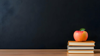 Red Apple Resting on a Stack of Books against a Dark Blackboard Background