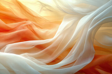 Obraz premium Flowing fabric, ombre effect, soft pastel colors, sheer material, elegant drape, luxurious texture, white and orange tones.