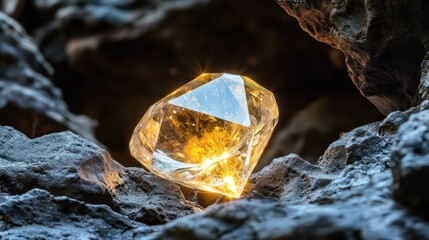 Gleaming Diamond Discovery in Rocky Cave with Striking Light