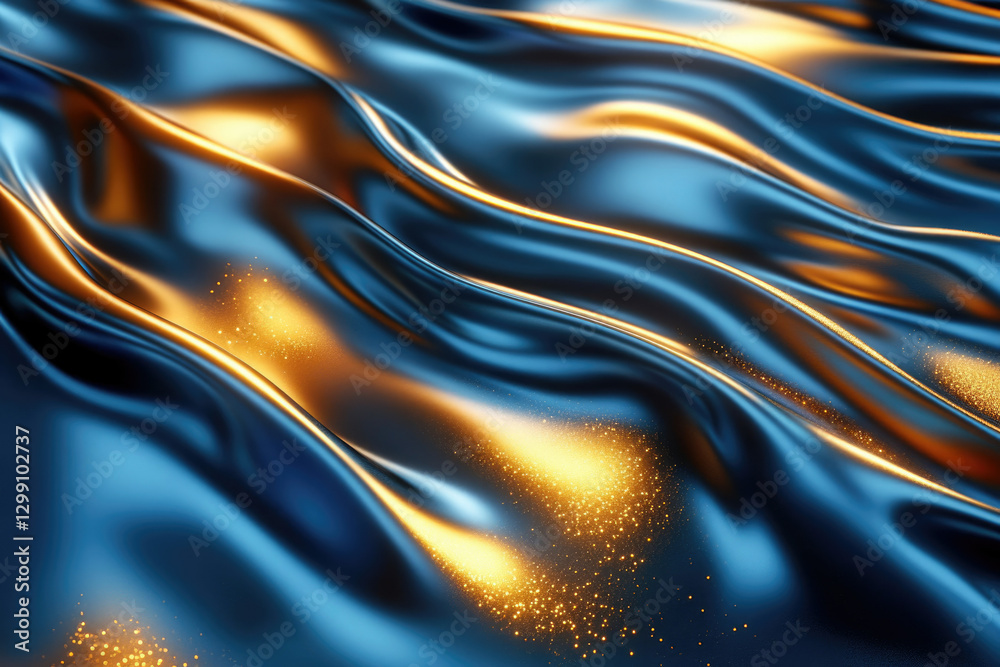 Poster Abstract image of flowing blue and gold fabric with glittering particles, creating a luxurious and elegant effect.