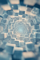 Dreamlike overhead shot of semi-transparent cubes arranged in a spiral, gentle lens flare, subtle