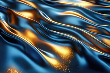 Fototapeta premium Abstract image of flowing blue and gold fabric with glittering particles, creating a luxurious and elegant effect.