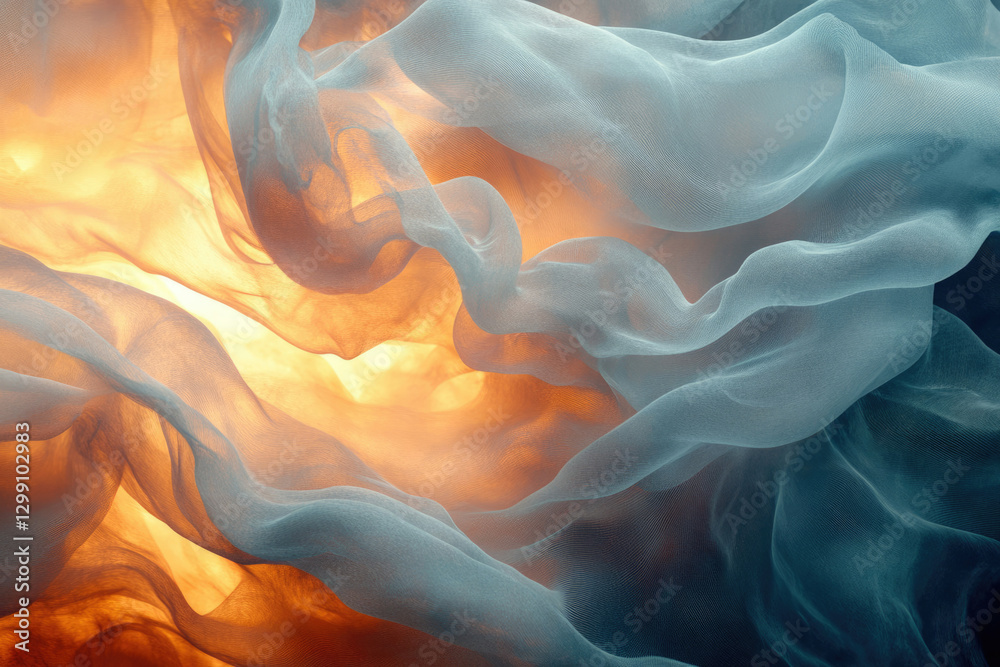 Poster Abstract image of flowing, translucent fabric in shades of teal and amber, illuminated from within.