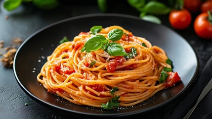 Spaghetti with Fresh Basil: A mouthwatering plate of spaghetti coated in a vibrant tomato sauce, garnished with fresh basil leaves. A culinary delight. 