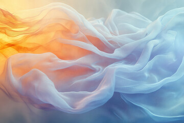 Fototapeta premium Soft, flowing pastel fabric in shades of blue and orange, illuminated by warm light.