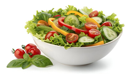 A colorful, healthy salad in a bowl, filled with fresh greens and vibrant vegetables, isolated on a white or transparent background.