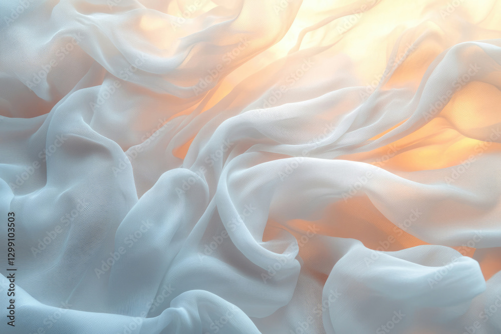 Poster Draped white chiffon fabric illuminated by warm light, creating soft, flowing waves and ethereal textures.