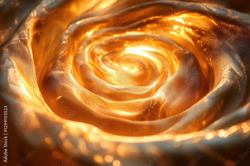Poster golden fabric swirls, illuminated from within, creating a luxurious, rose-like texture.