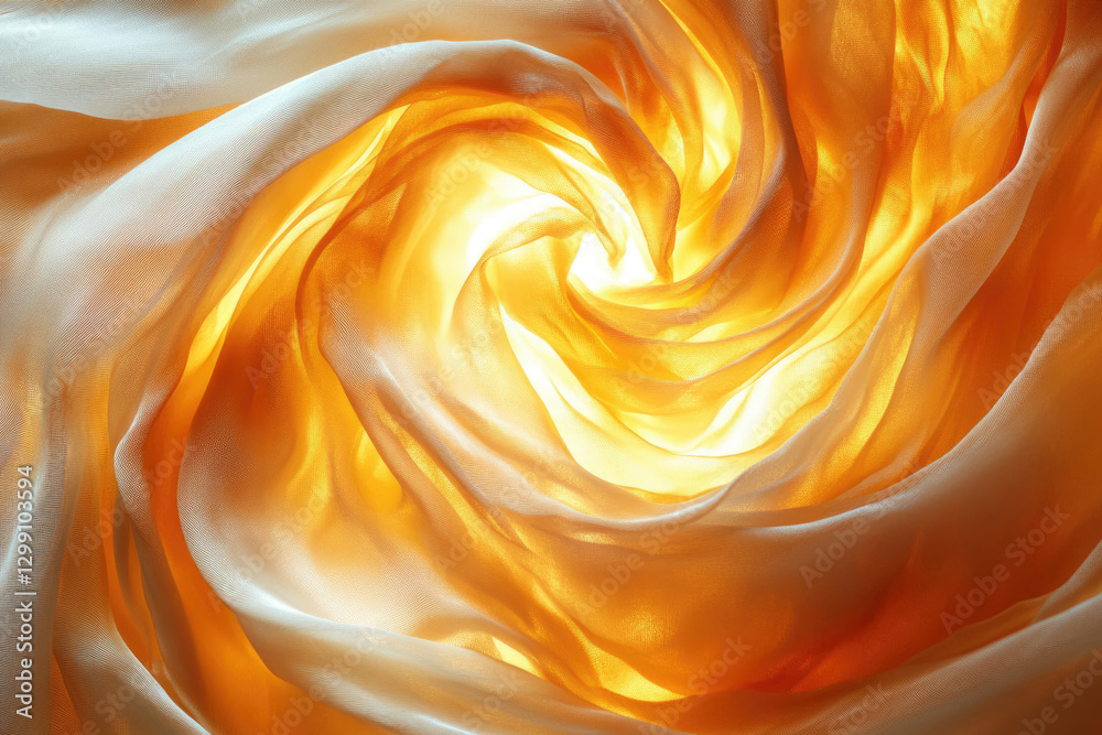 Poster golden silk fabric swirls, illuminated from within, creating a radiant, ethereal effect.