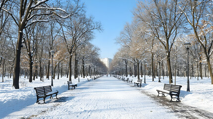 Snow Covered Park Path Lined With Bare Trees and Snow Covered Benches Under Blue Sky