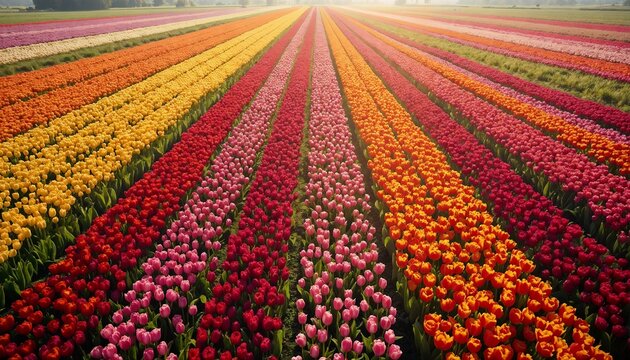 Colorful tulip field in stripes with bright flowers under sunlight