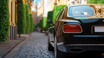 Naklejka premium Luxury Black Car on Cobblestone Street Amidst Urban Chaos