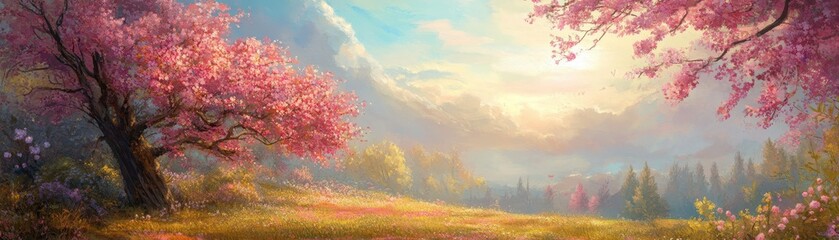 Fototapeta premium A vibrant painting depicts a whimsical pink tree standing tall in a lush green field, surrounded by soft, rolling hills under a bright blue sky dotted with fluffy white clouds.