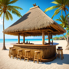 Wooden tiki bar on beach. Tropical style. Bar area thatched roof, wooden structure 