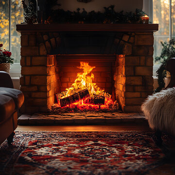 Chimenea de piedra con le&ntilde;os ardiendo y brasas brillantes en ambiente acogedor