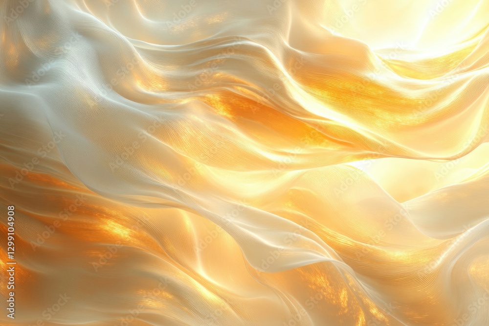 Poster Golden silk fabric draped in soft waves, illuminated by warm light, creating a luxurious and elegant texture.