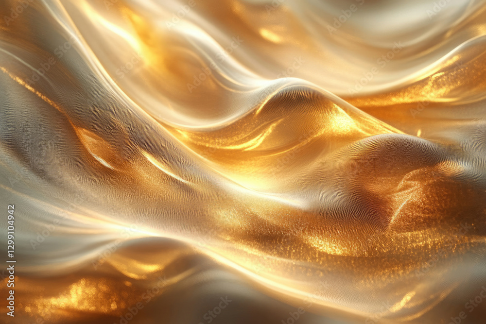 Poster abstract image of flowing, golden fabric with shimmering light, creating a luxurious and elegant tex