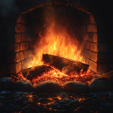 Chimenea de piedra con le&ntilde;os ardiendo y brasas brillantes en ambiente acogedor