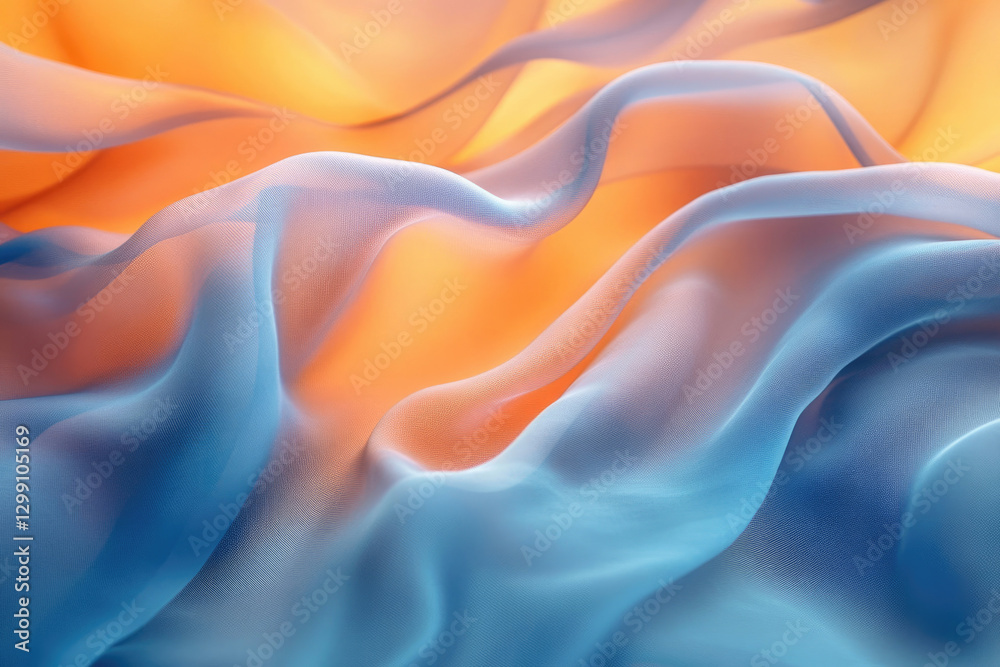 Poster abstract image of flowing blue and orange fabric, creating soft, dreamy waves and textures.