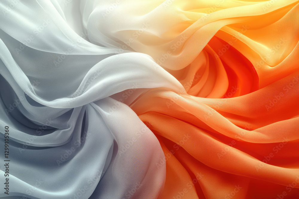 Poster abstract image of flowing, translucent fabric in shades of gray and orange, illuminated by sunlight.