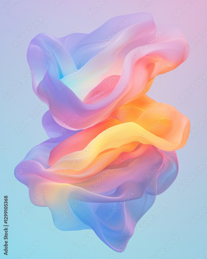 Poster surreal overhead perspective featuring layered ribbons transitioning from pastel to neon, gentle
