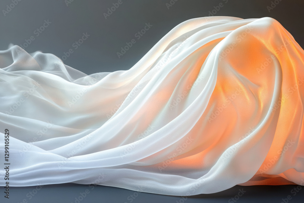 Poster draped white silk fabric illuminated from within, creating soft, warm light and elegant folds.