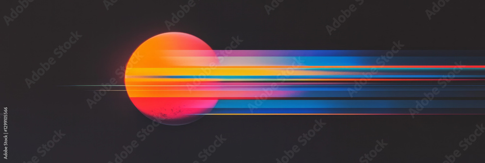 Poster glitch-inspired design of fragmented rainbow lines crossing a glossy orb, edgy digital overlays,