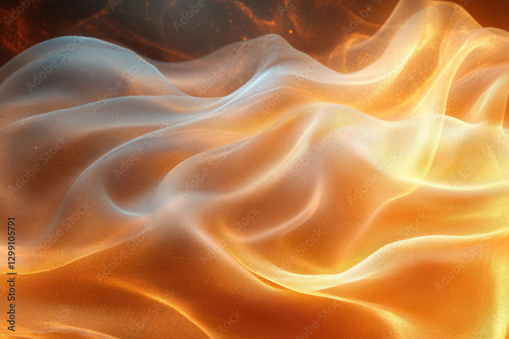 Poster golden translucent fabric gracefully drapes, creating soft, flowing waves of light and shadow.