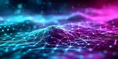 Digital landscape of neon glow mesh in purple and blue abstract science visualization futuristic environment