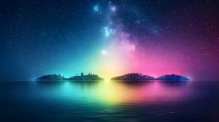 Dreamlike Colorful Island Landscape with Glowing Sky and Reflections over Calm Water