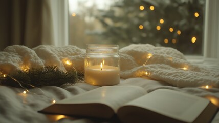 open book with candle and cloth on a table near a window