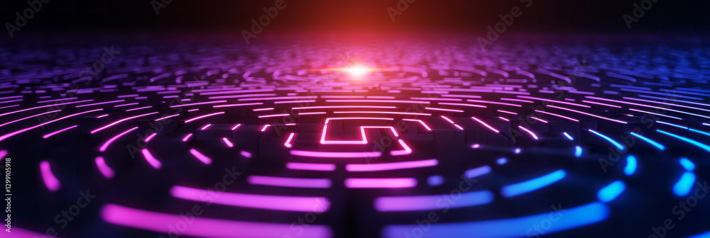 Poster energetic overhead capture of a labyrinthine grid, each line emanating shifting red-to-blue hues,